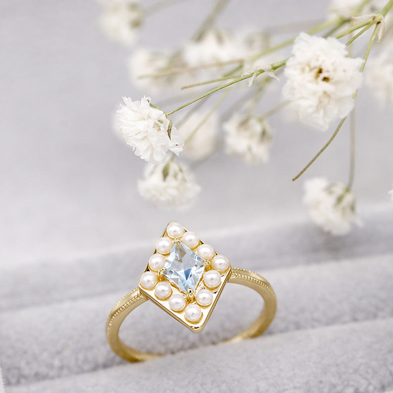 Hexagon Aquamarine Pearl Ring Sea of Gems